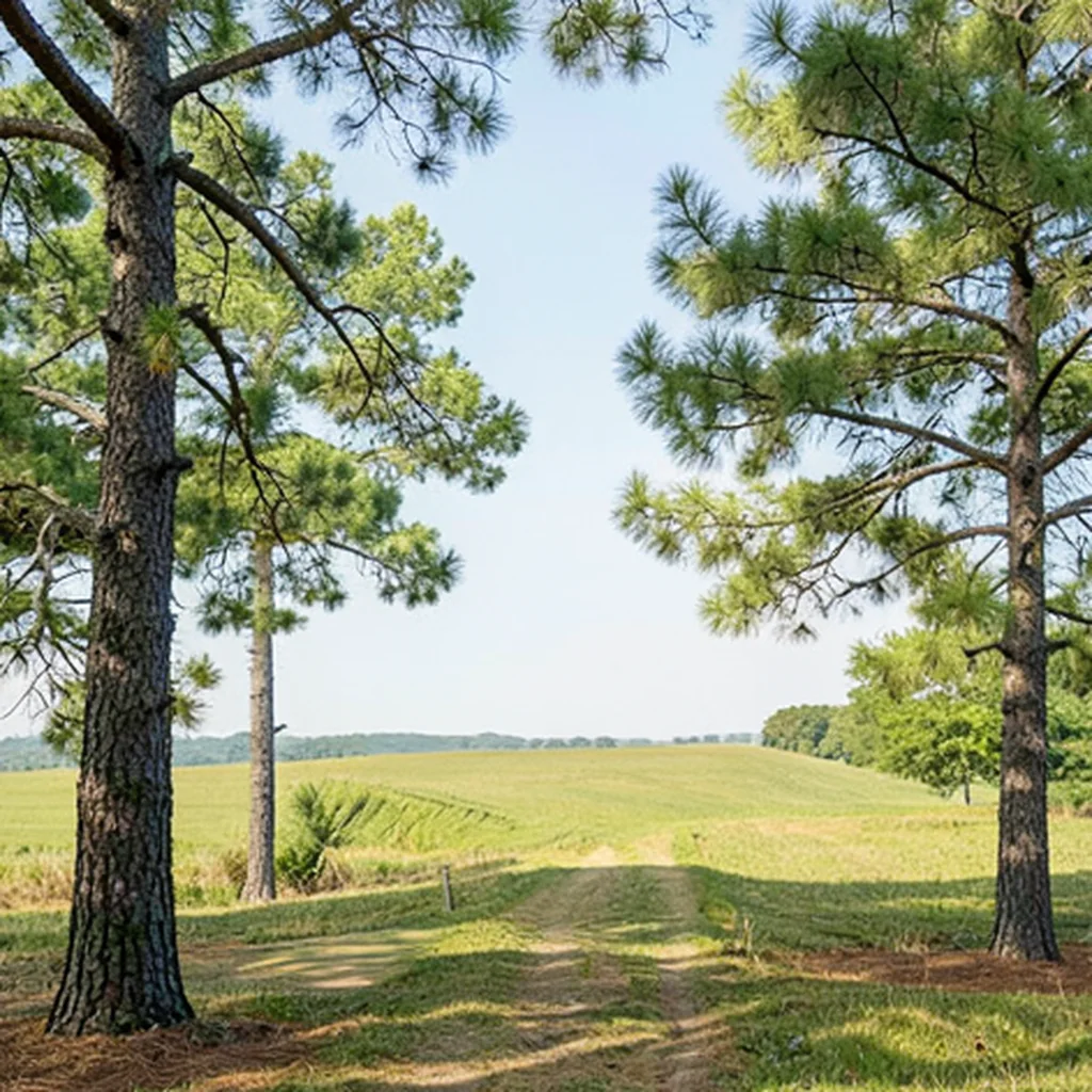 The same green summer path through pine trees