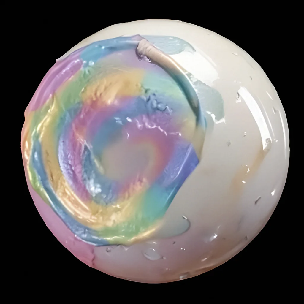 AI-generated glossy orb with a swirling rainbow on a black background, made on-device