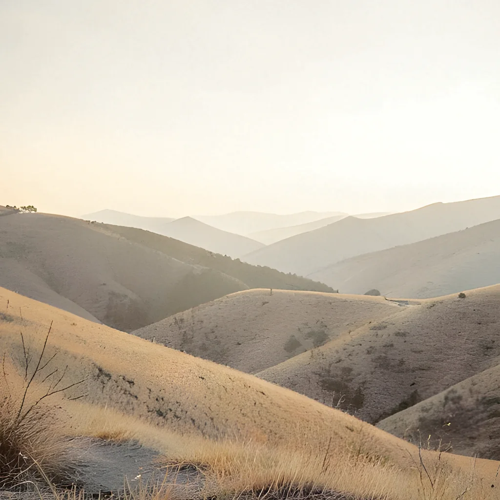AI-generated misty mountain landscape at sunrise, made on-device