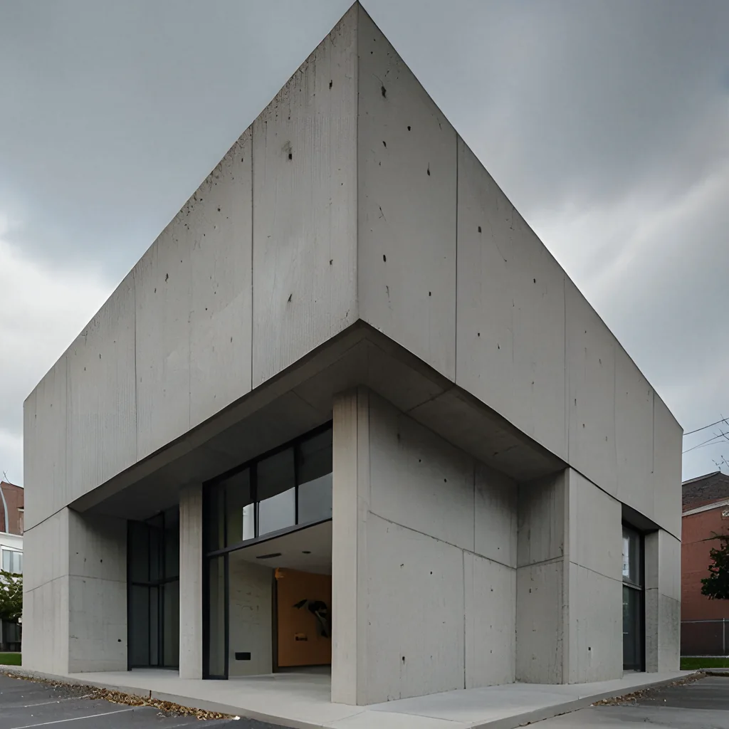 AI-generated brutalist concrete building under an overcast sky, made on-device