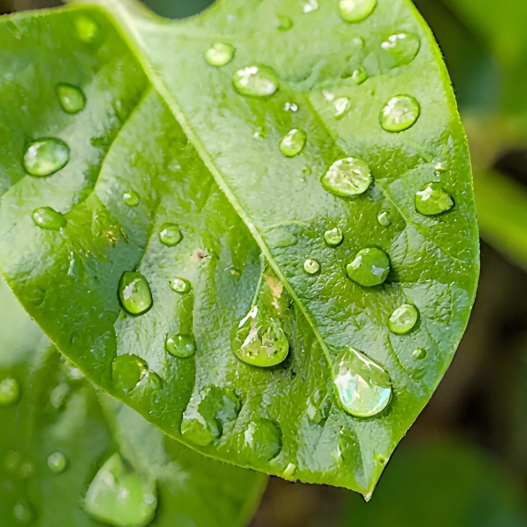 AI-generated macro photo of a green leaf with water droplets, made on-device